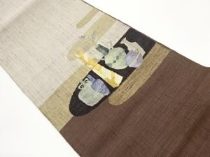 手織り紬花瓶模様織出し袋帯